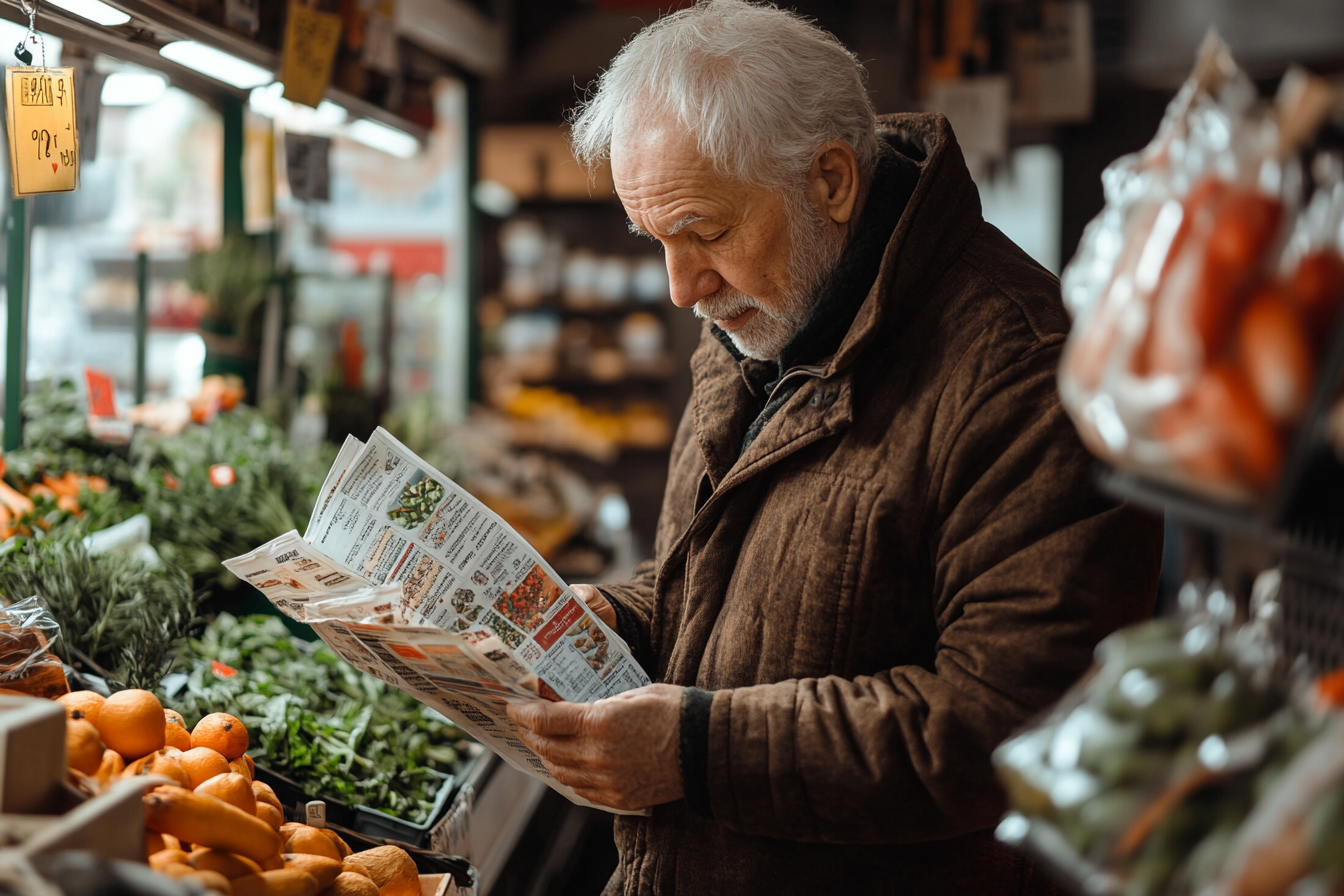 Възрастен мъж пазарува здравословни продукти